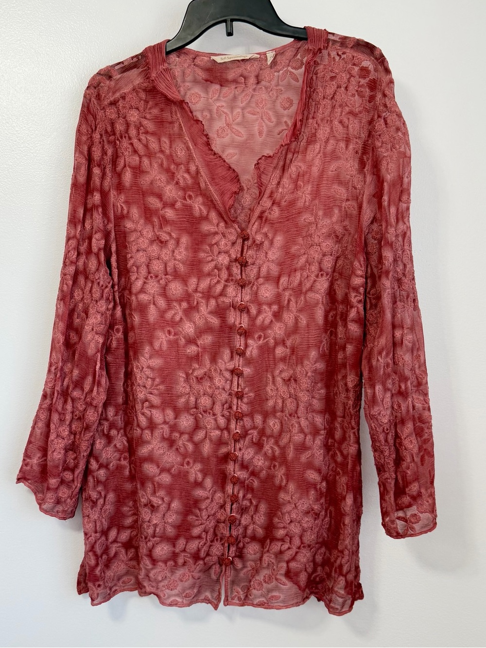 Soft Surroundings Silk Sheer Burnout Floral Button Up Top Rose Pink Blouse Sz 1X